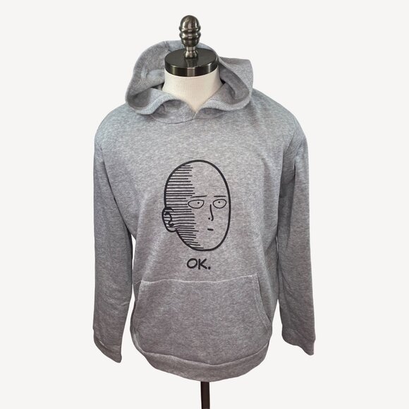 One Punch Man Anime Unisex Gray Hooded Sweatshirt "OK." Face Print - Picture 3 of 10